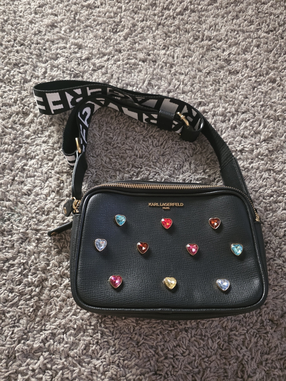 KARL LAGERFELD Black Crossbody Bag with Multicolor Heart Gems
